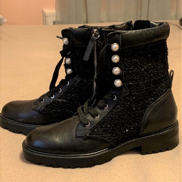 ZARA Tweed & Pearl Leather Combat Moto Boots SZ 7